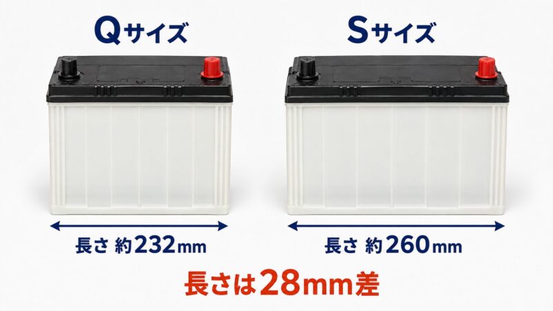 バッテリーのQサイズとSサイズの長さの違いを表した画像